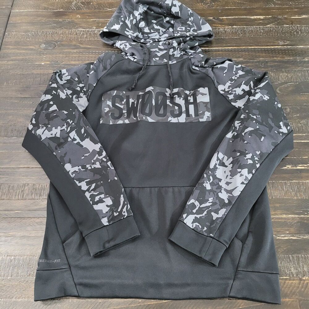 Nike Therma-FIT Swoosh Camo Pullover Hoodie Black Gray Men’s Medium Athletic
